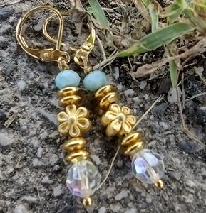 🆕 Larimar & Swarovski 24k Gold Pld Brass Earrings